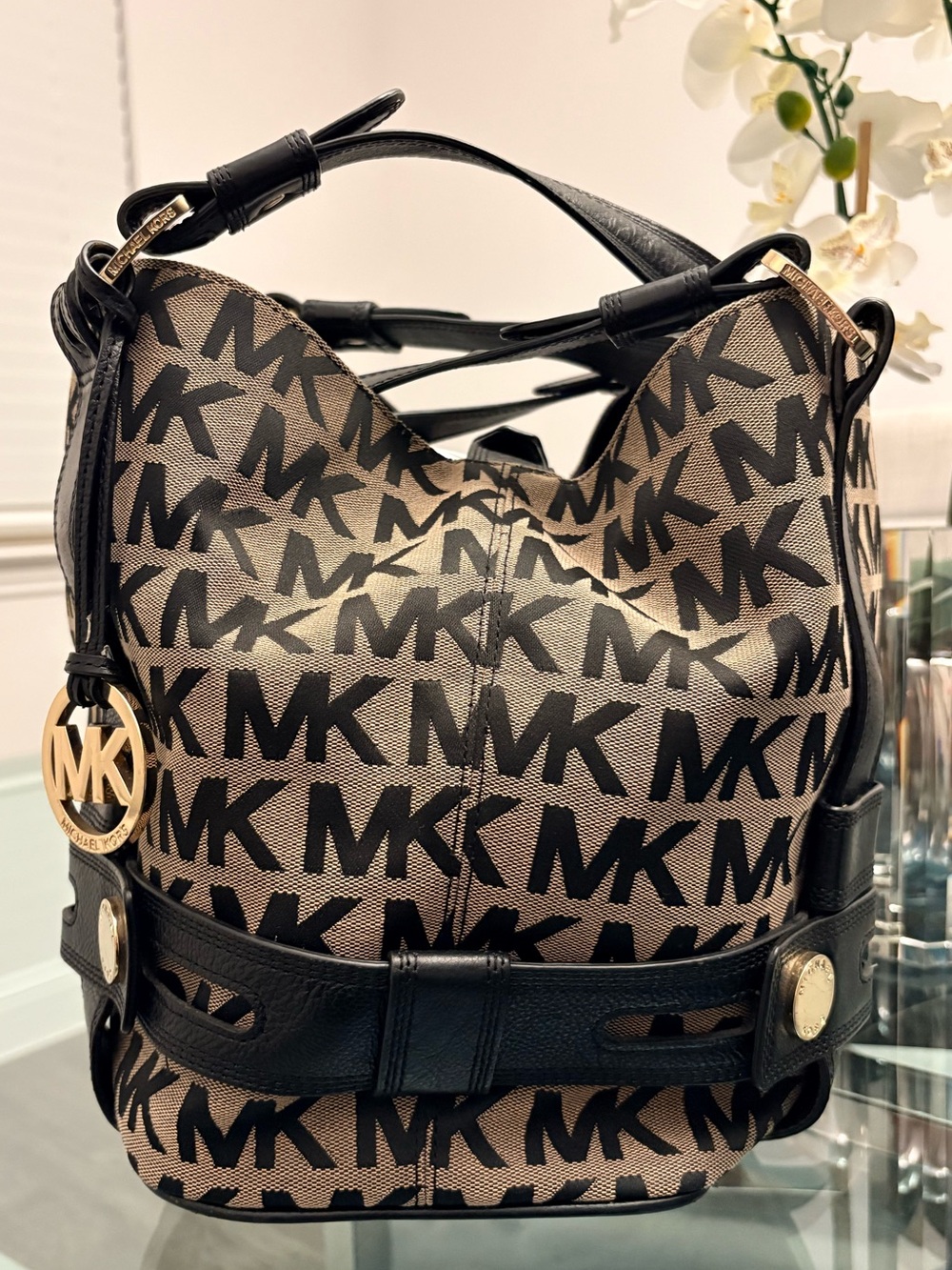 Michael Kors Black & Brown MK Logo Shoulder Bag & Matching Wallet - Picture 15 of 17